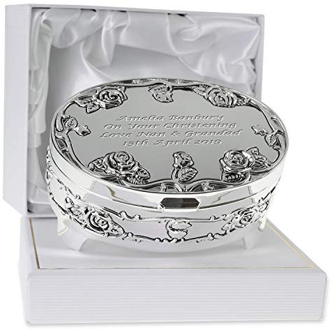 Girl's Christening Gift Personalised Engraved Silver Plated Rose Jewellery Trinket Box Girls Christening Gift Idea (White Satin Lined Gift Box)