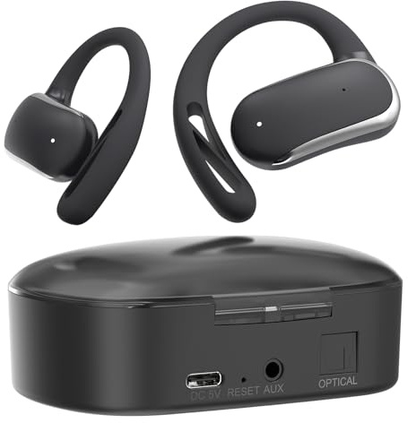 Kabellose TV-Kopfhörer für Senioren, 2,4 GHz, offenes Ohrbügel-Design für ganztägigen Komfort, Plug-and-Play (nicht Bluetooth), geringe Latenz, 15 m Reichweite, Ladedock-Sender mit optischen und 3,5