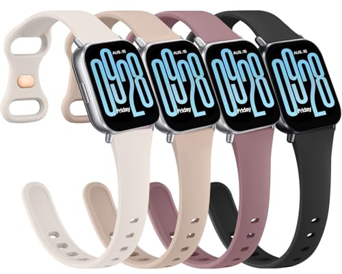 Oumida 4 Piezes Correas Compatible con Xiaomi Redmi Watch 5 Active/Redmi Watch 5 Lite, Pulseras de Repuesto Fina de Silicona Suave Impermeable (Negro/Humo Violeta/Té de Leche/Luz de Estrellas)