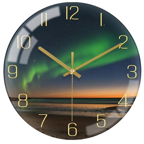VIKMARI Moderne Wanduhr Grün Gold 20cm: Lautlos für Küche & Schlafzimmer | Moderne Wanduhr Grün Gold 20cm aus HD-Glas: Aurora Motiv ohne Ticken. Große Zahlen, perfekte Wanduhr Küche & Schlafzimmer.