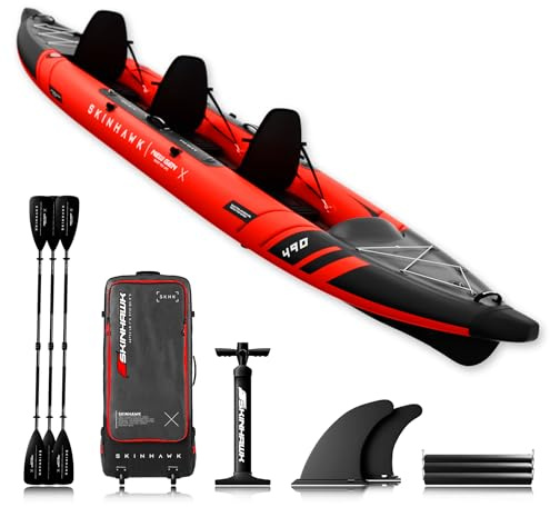 SKINHAWK Prestige Rot Kajak Set 490 – Schlauchboot – Kanu - 490 x 96 cm - 3 Personen Kajak (Set mit Alu-Paddel)