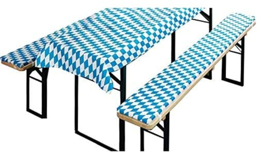 Waidmeister Bierbankauflagen Set 3 teilig - Auflagen für Bierzeltgarnitur - 1 Tischdecke 240x70 cm für Biertisch & 2 Bankauflagen gepolstert 220x25 - Farbe: Bayrische Raute