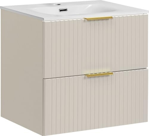 WFL GROUP Waschtischunterschrank mit Integriertem Keramik-Waschbecken – Wandhängend, Geriffelte Soft-Close-Schubladen, Rillenfronten in Kaschmir Matt – 60 cm Breit