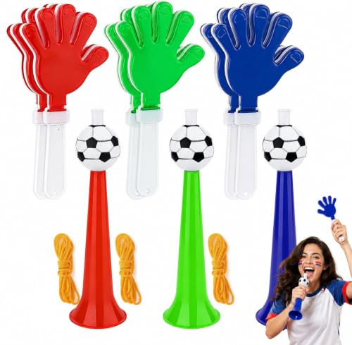 Omnikryp 3 Piezas Bocina Aire Comprimido, con 6 Manos para Aplaudir, Vuvuzelas de Plástico Resistente para Estadios Copa Mundo Fiestas Eventos Deportivos