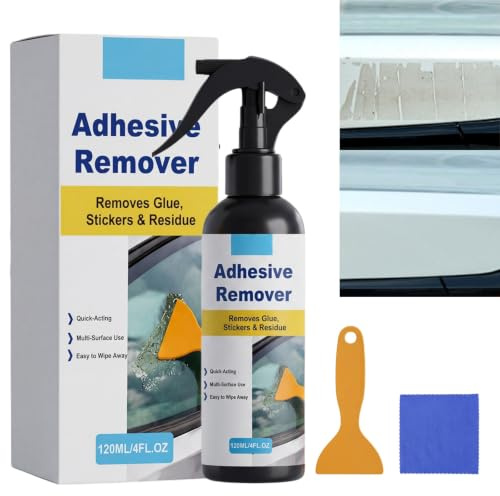 120ml Powerful Adhesive Remover Spray with Scraper&Towel,Easy to Use | Sticky Stuff Remover,Quick De-Gumming Glue Remover for Glass,Wood,Tile,Car,No Damage,Surface-Safe Sticker&Label Remover Spray