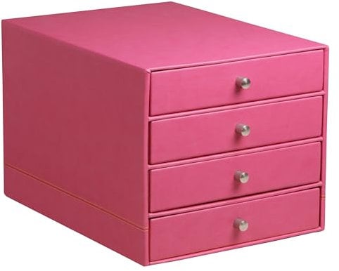 Rhodia 318962C Schubladenbox (mit 4 Schubladen, Griffe aus Metall, Kunstleder, elegant und praktisch, ideal für Ihr Büro oder Ihr zu Hause) 1 Stück, himbeer, Himbeerrot