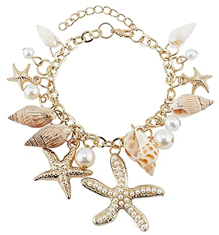 PH PandaHall Sea Shell Seesterne Armbänder Perle Charm Armbänder Goldene Shell Perlen Armbänder Meerjungfrau Kostüm Schmuck für Valentinstag Halloween Frauen Verstellbare Hawaii Knöchel Armbänder