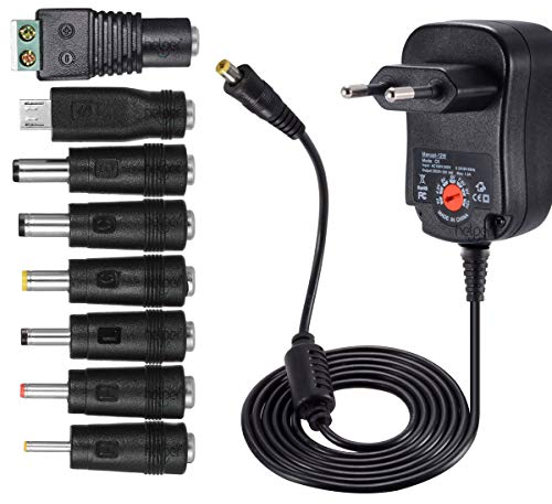 12W Adaptateur Secteur Universel AC à DC 3V 4.5V 5V 6V 7.5V 9V 12V 1A Transformateur d'alimentation à Découpage avec 8 Connecteurs DC pour électroniques Ménagers, 1000mA Max.