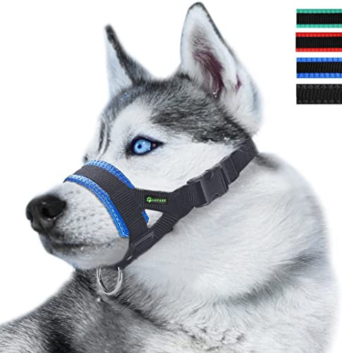 ILEPARK Maulkorb aus Nylon um Hunde vom Beisen, Bellen und Kauen abzuhalten, anpassbare Schlinge (XL,Blau)