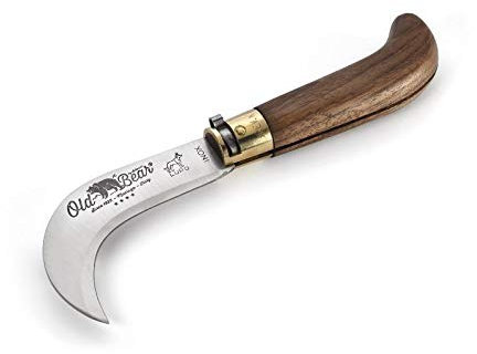 OLD BEAR Serpette fermante, Lame Acier 420 avec Virole de Sécurité en Laiton (Position Ouverte/Fermée), Manche 12 cm Noyer (Traité à l'huile).