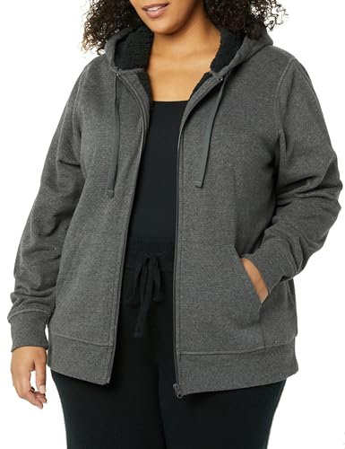 Amazon Essentials Giacca con Cappuccio a Cerniera Intera in Pile Foderata in Sherpa (Taglie Forti Disponibili) Donna, Carbone Puntinato, L