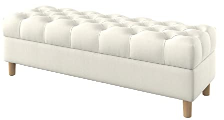 Furninero - Tiefer gepolsterter Sitzbank Sitzhocker Sitzruhe Betthocker Ottomane, mit Stauraum, Gerundete Beine, 140 cm breit, Majestic Velvet Creme Stoff (Licht zu reinigende), Ecru