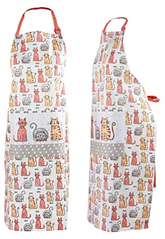 SPOTTED DOG GIFT COMPANY Kochschürze Damen, Küchenschürze mit süß Katzenmotiv 100% Baumwolle, Schürze Verstellbar mit Tasche, Katze Küchenzubehör und Deko, Geschenk für Katzenliebhaber Frauen