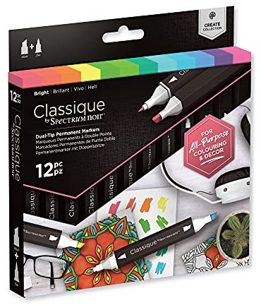 Crafter's Companion Spectrum Noir Classique Blend Twin Tip Blendable Alcohol Based Marker Set with Japanese Nibs - Pack of 12 - Perfect for Colouring, Drawing & Illustration (Brights Pack)