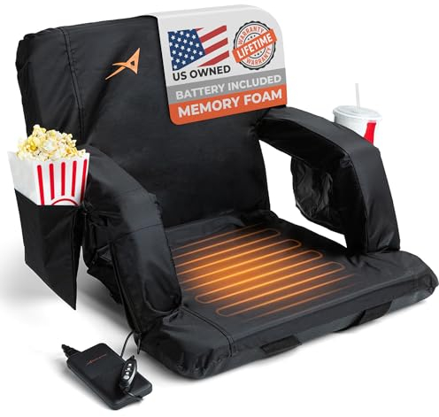 Heated Stadium Bleacher Seat– Foldable, Adjustable Design- Padded Foam Cushion, Back and Arm Support, 4x Pockets for Snacks, Cup Holder, USB Battery Included- For Football, Basketball, Games & Sports