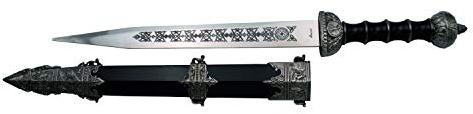 AMONT Dolch Gladius Bordeauxrot S0178BK, Knopf und Schutz sind nickelfarben, schwarzer Griff und Nickelstreifen, Gesamtgröße 46,5 cm, Stahlklinge, Schwarze Scheide mit Nickeloberfläche.