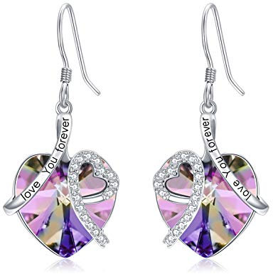 Sterling Silber ''Ich liebe dich'' Herz Ohrringe Damen, Hochzeitstag Geburtstag Geschenke für Frauen Sie Frau Mutter Freundin (Lila)