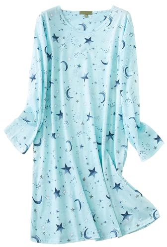 CHUNG Women Nightdress Ladies Nightie Long Sleeve Crew Neck Cotton Sleepwear Cute Pattern Print Loungwear Spring Summer Blue Star M