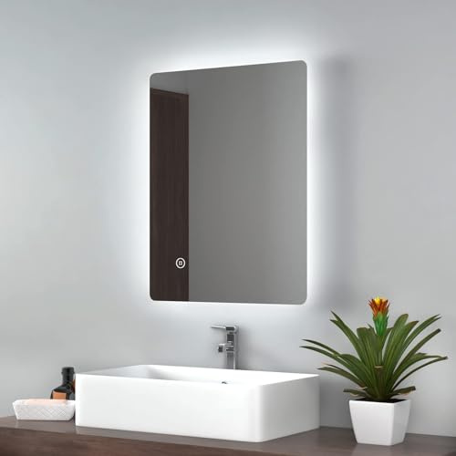 EMKE Backlit Illuminated Bathroom Mirror with Lights 450x600mm, Wall Mounted Multifunction LED Bathroom Vanity Mirror with LED Lights and Demister Pad