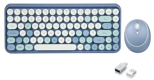 Perixx PERIDUO-713 Wireless Keyboard and Mouse Combo - Pastel Blue, 2.4 GHz, Retro Round Keys, Compact Design, UK Layout