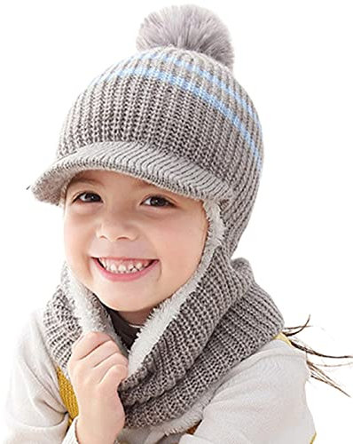 JFAN Cappello del Bambino Beanie Berretto Invernale a Maglia Bambini con Visiera Ragazzo e Ragazza Crochet Sciarpa Carino Warm cap Lana Multicolore Scialle Grigio