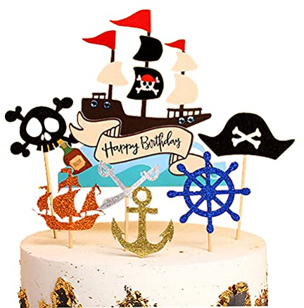 MiaLover Pack of 7 Pirate Cake Toppers - Happy Birthday Cake Toppers Set for Children Girls Boys Halloween Party Muffin Decoration