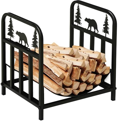 Outsunny Metal Firewood Log Holder Indoor Outdoor Firewood Rack Inner Arced Fireplace Wood Storage Shelf w/Bear Shape Design, Rust-Resistant, Black, 42W x 33.5D x 43H cm