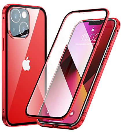 MIMGOAL 360 Grad Hülle für iPhone 13, Magnetische Adsorption Metallrahmen Ganzkörper Schutzhülle, Vorne hinten Gehärtetes Glas Transparent Full Case Dünn Handyhülle, Rot