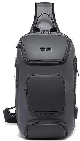 VARLIVOO Mode Sling Bag USB Port Sacs à Bandoulière pour Hommes Sac de Poitrine Crossbody Bag Travail Sport Camping Imperméable Polyester Sling Sac à Dos Gris