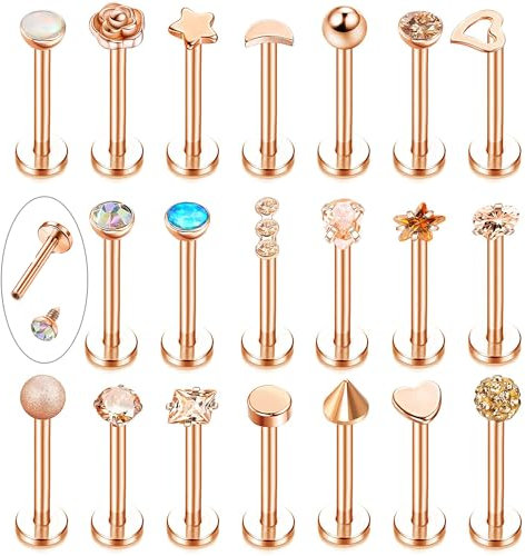 LOLIAS 20 Pcs Tragus Cartilage Helix Boucles D'oreilles Pour Femme Homme Monroe Labret Piercing Oreille Lèvre Nez Acier Inoxydable CZ Boules Coeur Fleur Méduse Flatback Piercings 16G