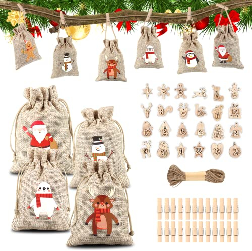 Esportic 24 Adventskalender Zum Befüllen, Stoffbeutel Adventskalender, Jutesack Adventskalender, Weihnachten Adventskalender, DIY Adventskalender Tüten, 13 * 18cm Geschenksäckchen Zum Befüllen