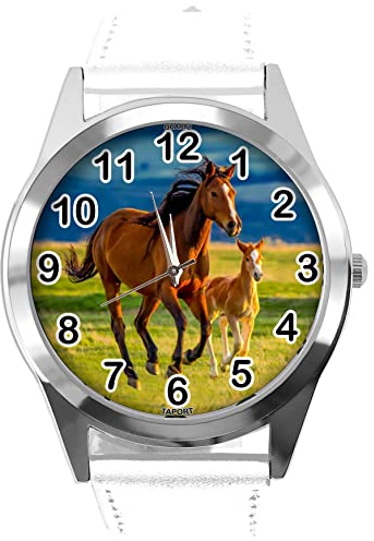 TAPORT Weiße Leder Runde Uhr für Pferdefans E5, weiß, Armband
