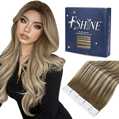 Fshine Invisible Tape in Extensions Echthaar 50cm 50g 20 Stücke Echthaar Extensions Tape Balayage Mittelbraun bis Platinblond Skin Weft Farbe 6 60 6