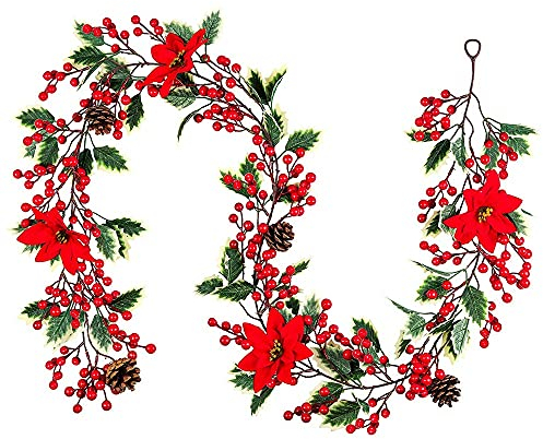 JUJIAN 6.3FT Rote Weihnachtsgirland, Künstliche Weihnachtsstiefel Girland, Weihnachten Girl mit Zapfen