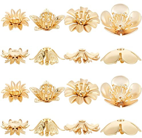 Beebeecraft 24 Stück/Box 4 Stil Perlenkappen 18K Vergoldetes Messing Blume Perlenkappen Für Armband Halskette Ohrringe Schmuckherstellung Zubehör