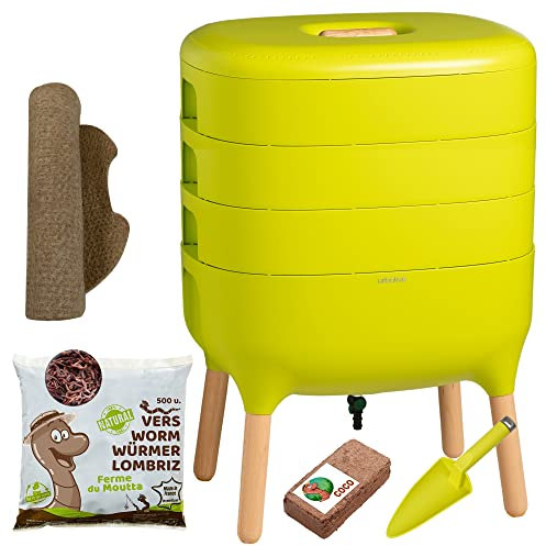 Moutta | Urbalive 3 Plateaux Vert Kit Complet I Lombricomposteur Design I 250gr de vers de Compost I Substrat de démarrage I Tapis de Chanvre + Pelle I Intérieur, Balcon et Jardin