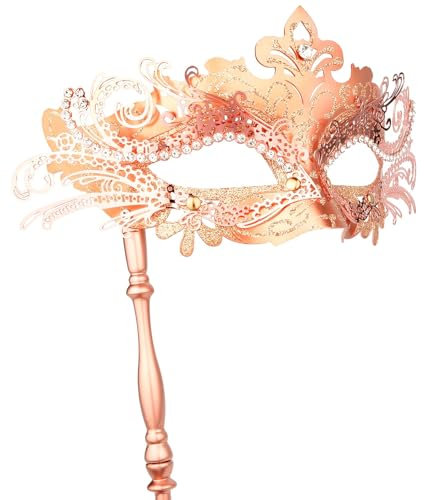 Hoshin Masquerade Mask with Stick, Mardi Gras Deecorations Venetian Masks for Womens (Rose gold)