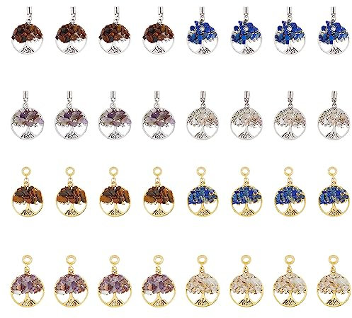 SUPERFINDINGS 8 Style 32Pcs Pendentif Arbre de Vie avec Pierres Précieuses Pendentif Rond Plat Chakra Naturel Collier Charme Pierres Porte-Bonheur Boucle D'Oreille Charme pour Bijoux DIY