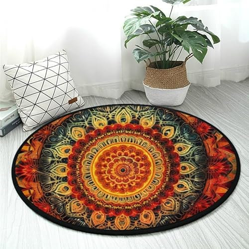 DNOVING Runder Mandala-Teppich, 91 cm, Rot, Orange und Gelb, rutschfest, weich, ideal für Badezimmer, Küche, Wohnzimmer, waschbar, kein Ausfallen
