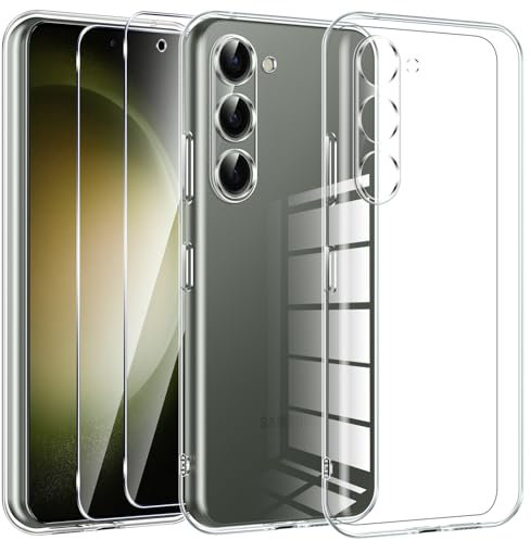 Kokio Crystal Clear Cover per Samsung Galaxy S23 5G con 2 Pezzi di Vetro Protettivo, Cover Protettiva in Silicone TPU Trasparente Morbido Ultra sottile, Anti-Ingiallimento Antigraffio