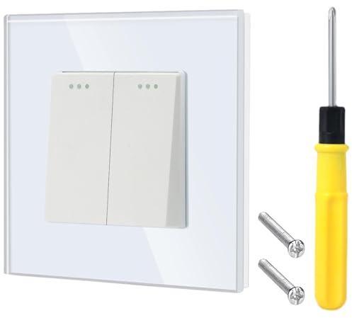 Acmerota Lichtschalter 1 Gang 2 Wege, gehärtetes Glas, weißer Wippschalter, taktiler Wippschalter, Wandpaneel mit Phosphorpunkten, schraubenlos, 10 A, 250 V
