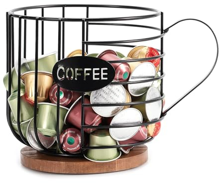 Hniuyun Coffee Pod Organizer, Counter Coffee Capsule Holder, Coffee Bar Accessories, Large Capacity Black Wire Kup Storage Basket with Wooden Base for Kitchen and Office