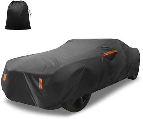 X AUTOHAUX Autoabdeckung für Chevy Camaro 2010–2021, Aluminiumfolie, Outdoor-Vollabdeckung, Allwetterschutz, wasserdicht, Winddicht, mit Reißverschluss für die Fahrertür, Schwarz