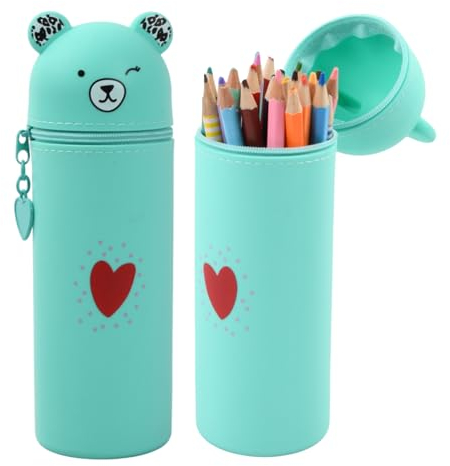 Cute Bear Style Large Stand Up Pencil Case, Silicone Pouches Big Capacity Pencil Case, Cup Pencil Case in Soft Silicone, Animal Pencil Pouch Holder for Kids Students Adults School Office (Green)
