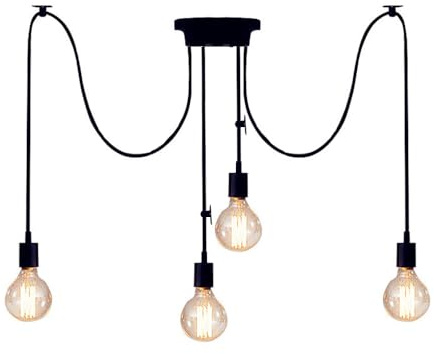 Lampadario a sospensione Edison classico, E27 luci ragno nero 1.5m cavo regolabile, luci da soffitto plafoniere moderne corda da appendere DIY per camera da letto cucina soggiorno ristorante (4 teste)