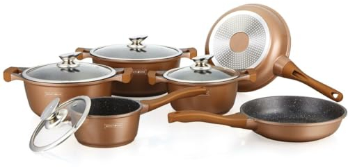 ROYALTY LINE, Ensemble de 13 pièces, Batterie de Cuisine en aluminium moulé, revêtement marbré, avec poignées en silicone amovibles, compatible tous feux, Couleur Bronze