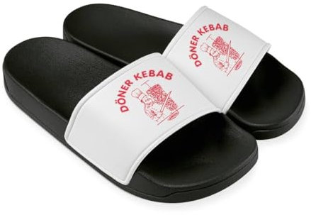 Tassenbrennerei Döner Kebab Badelatschen für Herren & Damen - Lustige Hausschuhe, Schlappen - Badeschuhe, Badeschlappen lustig (Schwarz/Weiß, EU Schuhgrößensystem, Erwachsene, Numerisch, M, 47)