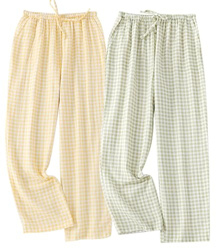STMAHER 2-Pack Frauen Baumwolle Pyjama Bottoms Leichte Schlaf-Lounge Hosen Plaid Nachtwäsche Lange Pj Hosen Mit Tasche