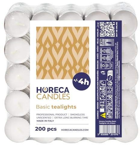 Horeca Candles - Candele Tealight Bianche - Durata 4 Ore di Combustione - Set da 200 Candeline Non profumate - Lumini per Matrimonio, Decorazione, Gastronomia