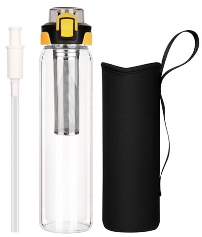 DEARRAY 1l / 1 litre Leakproof Glass Water Bottle with Straw & Stainless Steel Infuser 1000ml Glass Tea Infuser Bottle with Strainer and Neoprene Sleeve for Loose Leaf Tea, Cold Brew Coffee